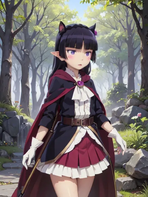 ((ruri gokou)), one girl, blush, black hair, mole, mole under eye, hime cut, elf, ((dark elf)), (long ears), wood々in harmony wit...