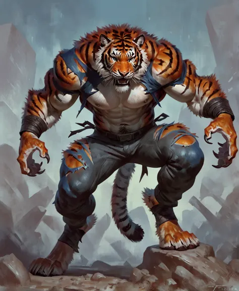 Tiger, comic book style, illustration, solo, abs,, ferocious, masculine body, [[badass pose]], nipples, masterpiece, best art, full body, digitigrade, by taran fiddler, sharp claws, detailed hands, tall, detailed eyes, torn clothes