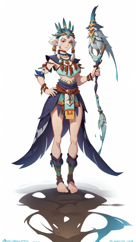 ((Full body photo,standing, feet on the ground)) 1girll ，1girll，(solo)，full bodyesbian，European and American cartoon design，Primitive tribal elements，standing on your feet，Holding a weapon，feater，white backgrounid