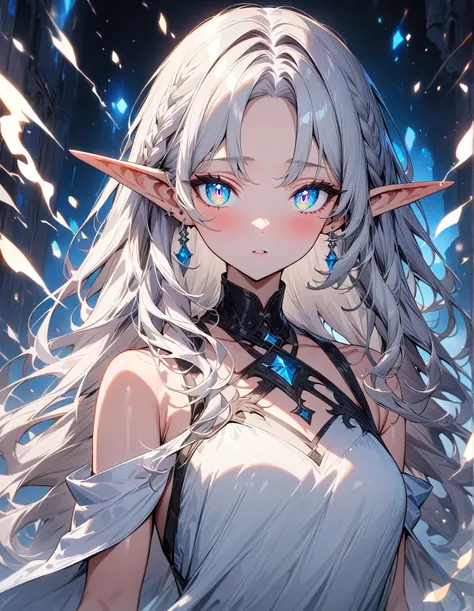 ((Highest Quality, Masterpiece, Ultra High Definition, High Resolution)), ((Ultra-detailed Illustrations:1.2)), 1 Girl, Solo, Elf, Anime Style, Upper Body, Beautiful Hair, Parted Bangs, Braided, Long Hair, Silver Hair, Beautiful Detailed Eyes, Beautiful De...