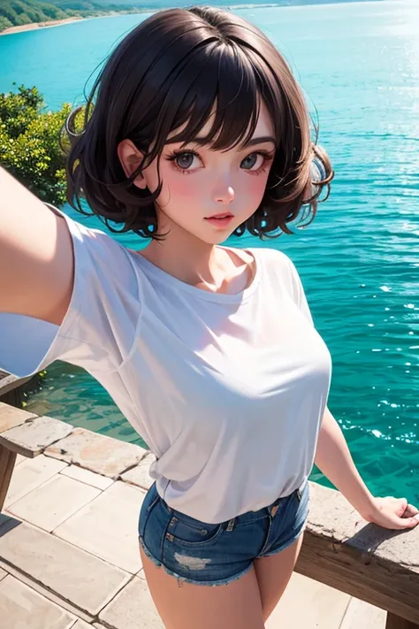 a beautiful brunette with short curly hair takes a selfie in a summer landscape, takes pictures from above, open white shirt, short shorts, hip-length portrait, caricature, grotesque, vector style  ((best quality)), ((masterpiece)), (detailed), perfect fac...