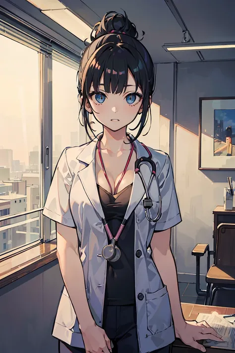 (One girl), (During examination), Stethoscope, (super high quality),Cowboy Shot, ((Female doctor)), masterpiece, (Black Hair), E Cup 1.3, White, Cleavage, Casual Scene, Relaxed atmosphere, Hospital atmosphere, Perfect body, teeth, Fresh, (Asymmetrical bang...