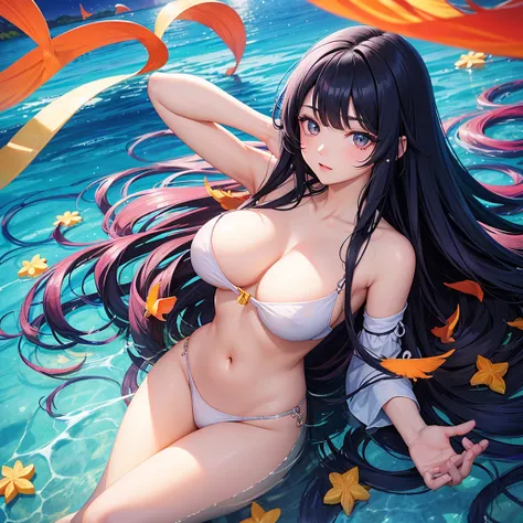 anime、Vibrant colors、Cool beauty、Moon Goddess、17 years old、Black Hair、Long Hair、Straight Hair、The bangs are cut above the eyebrows、Narrow eyes、Slanted Eyes、Bright eyes、Sharp Eyes、Sparkling eyes、Large Breasts、In the sea with beautiful coral、100 small tropic...