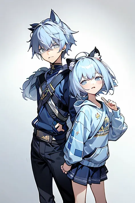 cute, boy and girl, two people, early morning, light blue cat ear hoodie, boy has short hair, girl has bob hair, anime, watercol...