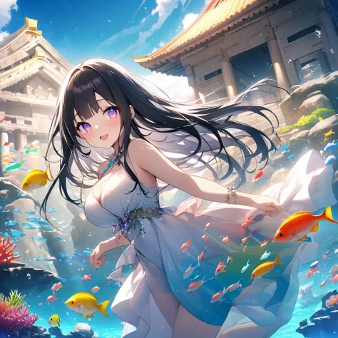 anime、Vibrant colors、Cool beauty、Moon Goddess、17 years old、Black Hair、Long Hair、Straight Hair、The bangs are cut above the eyebrows、Narrow eyes、Slanted Eyes、Bright eyes、Sharp Eyes、Sparkling eyes、Large Breasts、In the sea with beautiful coral、100 small tropic...