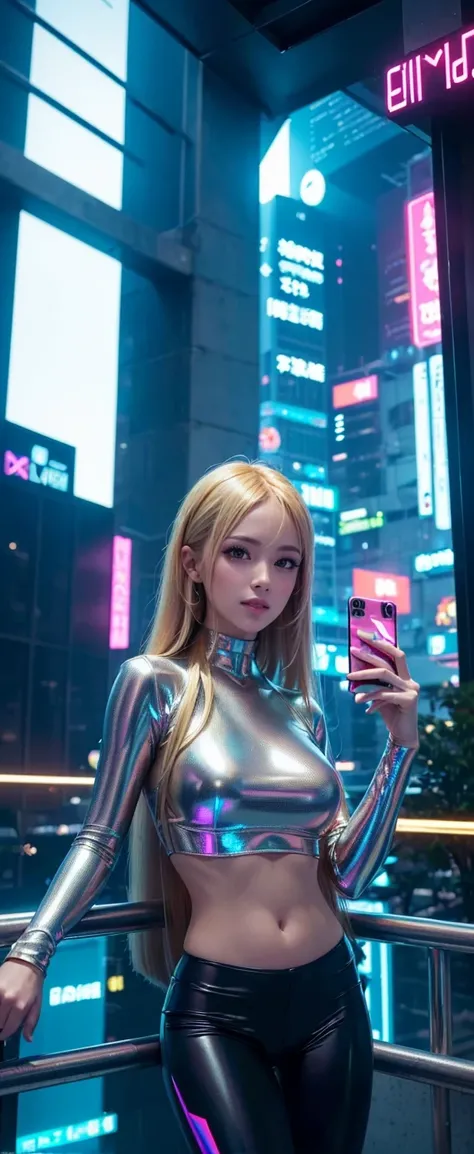 detailed futuristic park,skyscrapers,shiny metallic architecture,hovering cars,neon lights,glowing holographic displays,futuristic girl taking a selfie,bright happy smile,warm lighting,vibrant colors,cinematic atmosphere,photorealistic,8k,high resolution, ...