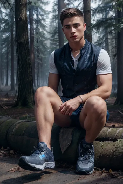 Colton Haynes, Jackson Whittemore, Teen Wolf, 18 years old, short messy brown blonde hair, blue eyes, blue dress shirt, blue jean vest, dark black jeans, black tennis shoes, silver pendant, white wolf print. Forest background with fog aura around black col...