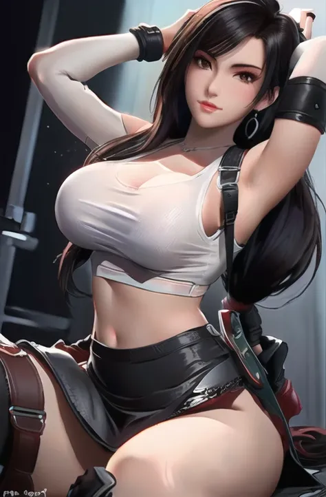 Asian woman in white top and black leather skirt, Tifa lockhart, seductive Tifa lockhart portrait, Tifa, Tifa lockhart portrait, Tifa lockheart, portrait of Tifa lockhart, Tifa lockhart with white hair, glamorous Tifa lockheart, Popular on cgstation, Best ...