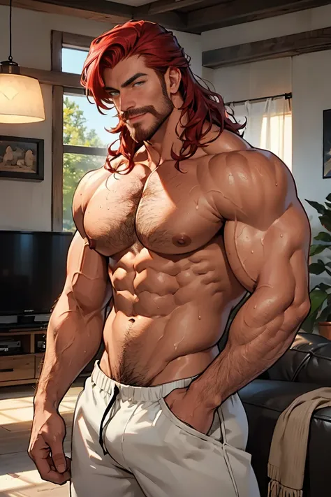 Robust man, muscular body, wavy red hair, masculine face, red mustache, rustic appearance, green eyes, sensual smile, huge hairy chest, huge biceps, hairy body, freckles on his face, oily and shiny skin. He is standing in the living room with a glass of wi...