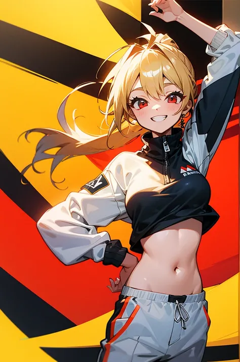 17 year old girl、blonde ponytail、Ahoge、big round red eyes、grin、small breasts、White sweatshirt、Belly button、White tracksuit pants