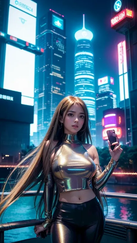 detailed futuristic park, ((bridge)),(( River)),skyscrapers,shiny metallic architecture,hovering cars,neon lights,glowing holographic displays,futuristic girl taking a selfie,bright happy smile,warm lighting,vibrant colors,cinematic atmosphere,photorealist...