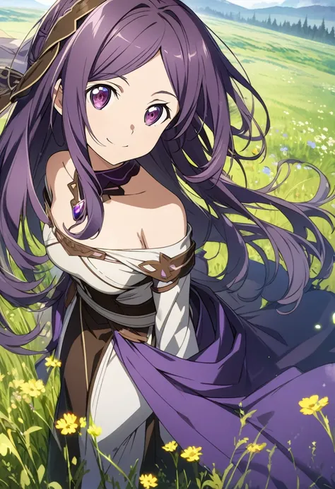 Sono Chieri (Sword Art Online), (long dark purple hair), (dark purple eyes):1.2, Songstress costume, bangs, smiling confidently, ((ultra-detailed)), ((illustration)), ((neat hair)), (beautiful detailed eyes), female, 1girl, standing, (meadow, grassland)), ...