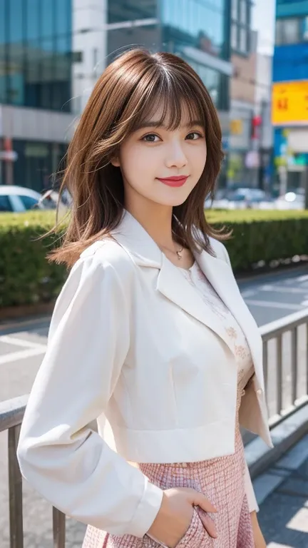 highest quality、8k wallpaper、Reality:1.4、Cinema Lighting、View your viewers、background:urban office district（Outdoor）、1 beautiful girl、Japanese Idol、19 years old、Beautifully detailed eyes、Detailed face、Beautiful Skin、Slender、Slim waist、Thin legs、Red lipstic...