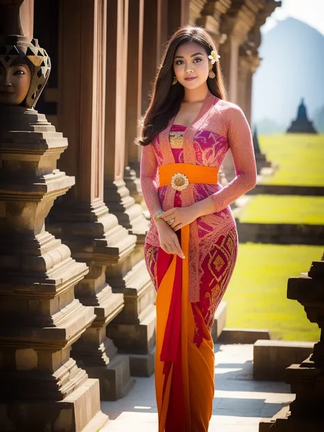 8k portrait of a beautiful brown-haired cyborg, posing very gracefully, ((Borobudur Temple background)), photography, portrait of a beautiful_girl wearing a Balinese kebaya with a red Balinese kebaya, light brown lipstick, detail, flowers, bright backgroun...