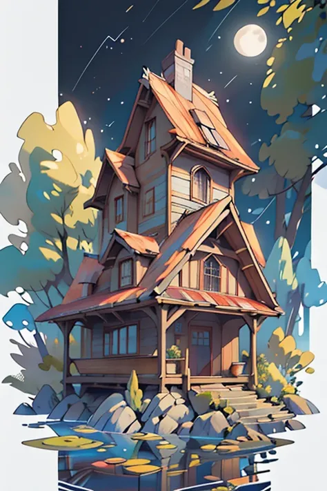 Draw a lake house in the forest, Engraving, color illustration, star map, poisonous atmosphere, high resolution, lumen, clarity, black background, hyperrealism, multicolor, natural shades dusty natural colors, embroidery  ((best quality)), ((masterpiece)),...