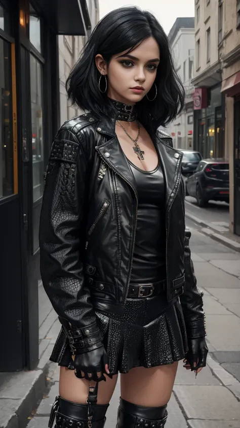 a punk-inspired girl wearing a black leather jacket with shining black crystals jewellery and a short blouse cross top jacket an...