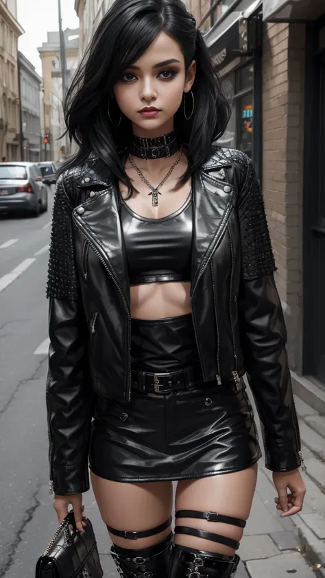 a punk-inspired girl wearing a black leather jacket with shining black crystals jewellery and a short blouse cross top jacket an...