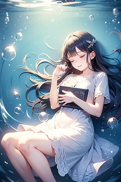 ((in the water))、((multiple bubbles))、((a girl sleeping curled up in the middle))、((the girl is wearing a dress))、((the girl is ...