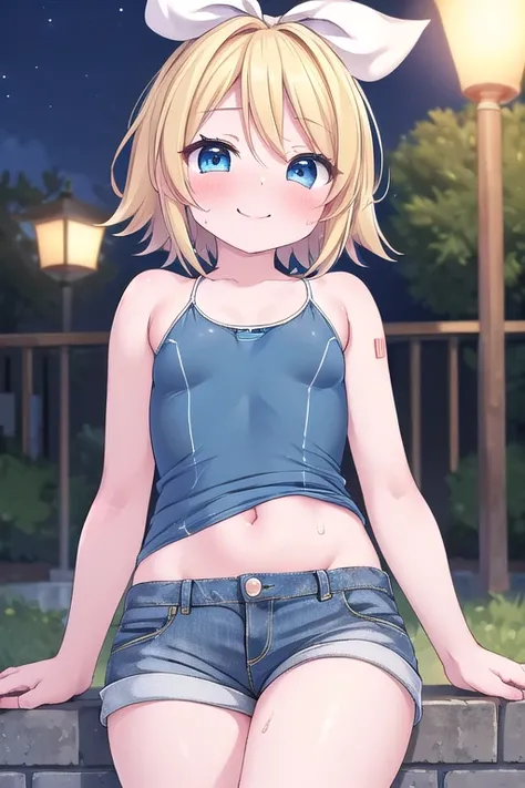 (((masterpiece))), ((highest quality)), (Very detailed), ((High resolution)), ((8k)), ((Anatomically correct)), One very cute girl, Baby Face, (Small breasts), Vocaloid, (Kagamine Rin), Blonde, Short Hair, Letting down your bangs, (Short), , Charming smile...