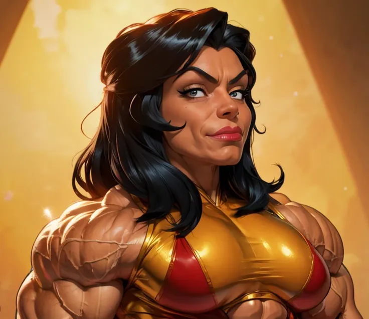 Mexican muscle woman flexing muscles wearing gold superhero outfit, muscle woman, big muscles, huge muscles, massive muscles, mature woman