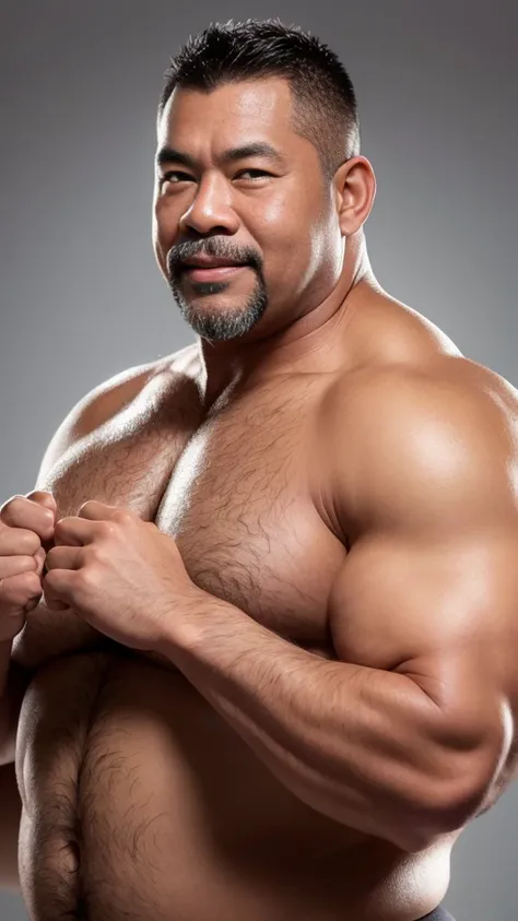 black hair, middle-aged man, individual, male, Muscular wrestler, muscular, Stout wrestler, Asian, Japanese, uncle, 55 year old middle-aged man, short hair, short hair, red wrestling boots, full body portrait, shadow, Vision, red briefs, obesity, 45 years ...