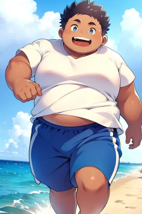 fat boy, overweight, swimming shorts, by the sea, tanned skin, blue eyes, cute, happy, running,