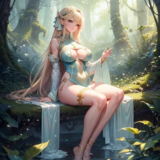 masterpiece, highest quality, Intricate details, Gorgeous blonde elven woman, (mint eye), Celestine Lucullus, Perfect Anatomy, Perfect Face:1.1), ((Huge breasts!!!!!!)),(Huge breasts!!!!), White one-piece uniform, Sharp focus, ((alone:1.4), (Full Body Shot...