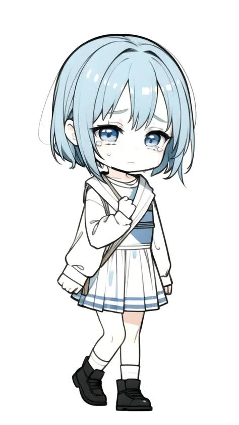 best quality, chibi, 1 girl,blue hair,pure white background,vivid,clearly,sad face,walking,are crying,shout,i have a letter,