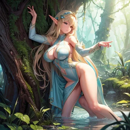 masterpiece, highest quality, Intricate details, Gorgeous blonde elven woman, (mint eye), Celestine Lucullus, Perfect Anatomy, Perfect Face:1.1), ((Huge breasts!!!!!!)),(Huge breasts!!!!), White one-piece uniform, Sharp focus, ((alone:1.4), (Full Body Shot...