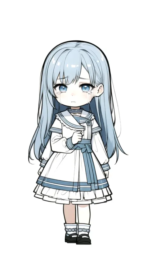 best quality, chibi, 1 girl,blue hair,Pure white background,Vivid,clearly,sad face,Walking,Are crying,shout,Sit down