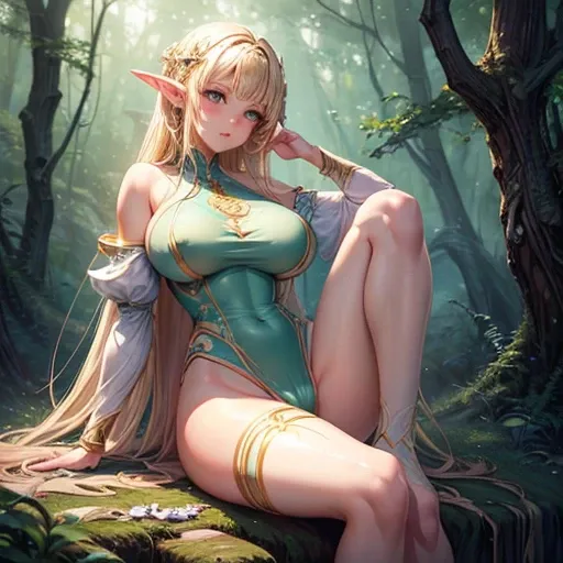 masterpiece, highest quality, Intricate details, Gorgeous blonde elven woman, (mint eye), Celestine Lucullus, Perfect Anatomy, Perfect Face:1.1), ((Huge breasts!!!!!!)),(Huge breasts!!!!), White one-piece uniform, Sharp focus, ((alone:1.4), (Full Body Shot...