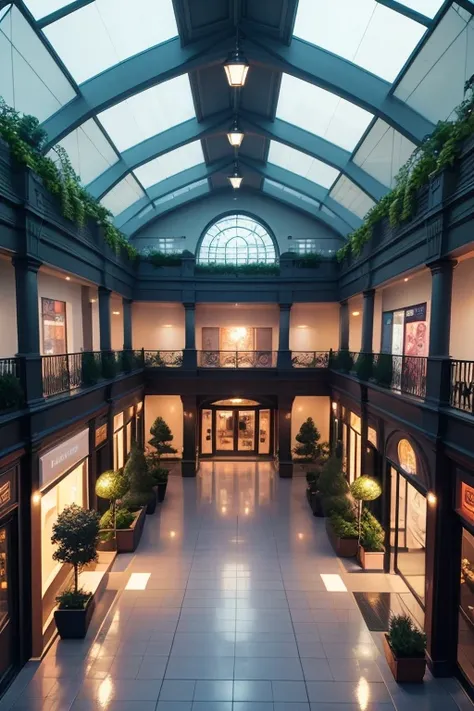 (neighborhood mall),
garden,
humidified ambient,
Illumination project,
indirect light,
ornamental vegetation,
smoth colors,
smoth light,
smoth natural light,
spot light,
two floors,
two storys,
{50 meters width},
{60 meters length},