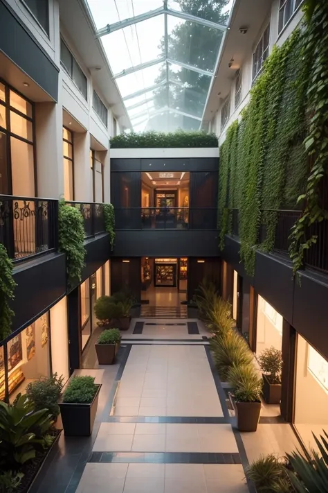 (neighborhood mall),
garden,
humidified ambient,
Illumination project,
indirect light,
ornamental vegetation,
smoth colors,
smoth light,
smoth natural light,
spot light,
two floors,
two storys,
{50 meters width},
{60 meters length},