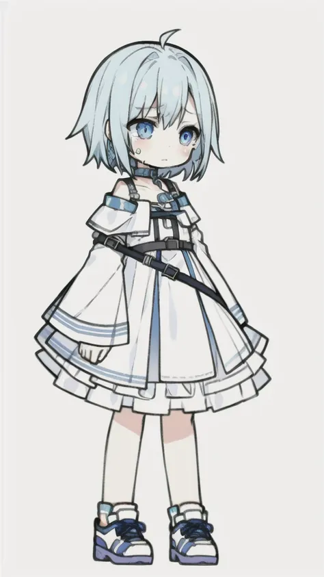 best quality, chibi, 1 girl,blue hair,pure white background,vivid,clearly,sad face,walking,are crying,shout,sit down