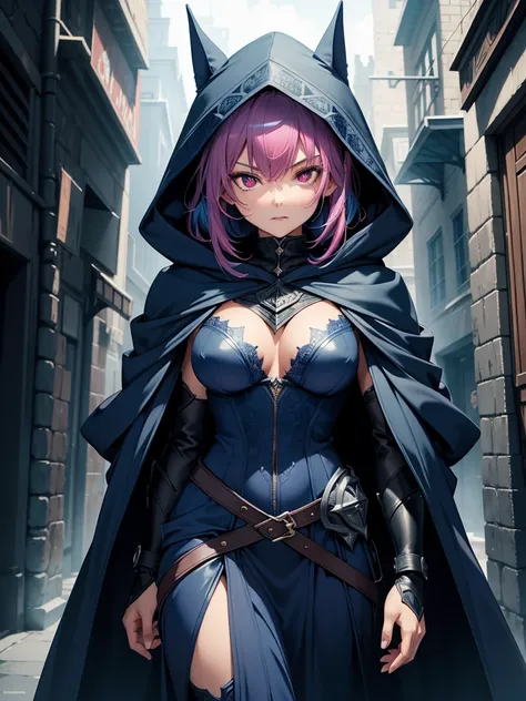 (high quality, highly detailed), a female thief in a dark blue hood and cloak, intricate armor, looking directly into the camera, body facing the camera, wearing dark blue hood and cloak (dark blue hood:1.2), (dark blue cloak:1.2), wrapped forearms, (short...