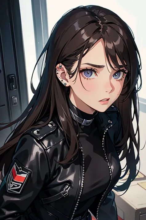 a beautiful woman with long brunette hair, piercing grey eyes, wearing a tight black leather jacket uniform, looking shock