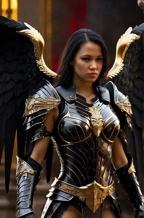 Cinematic scene, hyperdetailed picture of female warrior in black and gold armor with angel wings, horror christian cathedral, nighttime, detailed background, masterpiece, best quality, high quality, highres, absurdres, vivid,absurdres, vivid,
profile, sci...