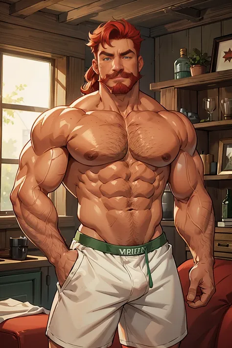 Robust man, muscular body, short wavy red hair, masculine face, red mustache, rustic appearance, green eyes, sensual smile, huge hairy chest, huge biceps, hairy body, freckles on his face, oily and shiny skin. He is standing in the living room with a glass...