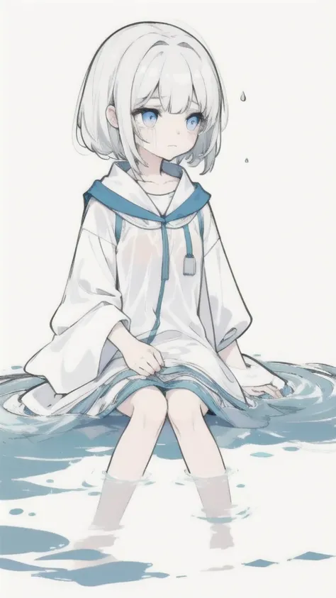 best quality, chibi, 1 girl, (full body), Pure white background,Vivid,clearly,sad face,rain,Cry,sitting in water