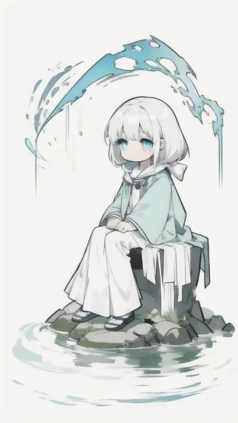 best quality, chibi, 1 girl, (full body), Pure white background,Vivid,clearly,sad face,rain,Cry,sitting in water