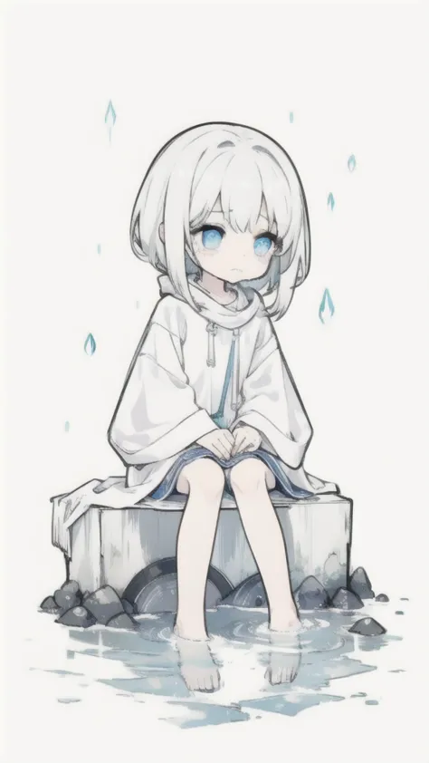 best quality, chibi, 1 girl, (full body), pure white background,vivid,clearly,sad face,rain,cry,sitting in water