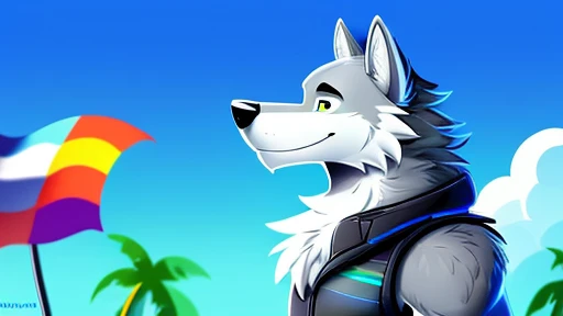 ((Danny a anthropomorphic black, grey, and white male wolf with summer clothing  )) , looking at viewer,a little to the side, fur,solo, cartoon, (highly detailed illustration:1.2), best quality, masterpiece, solo, tail, torso, , standing, social media back...