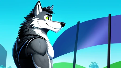 ((Danny a anthropomorphic black, grey, and white male wolf with summer clothing  )) , looking at viewer,a little to the side, fur,solo, cartoon, (highly detailed illustration:1.2), best quality, masterpiece, solo, tail, torso, , standing, social media back...