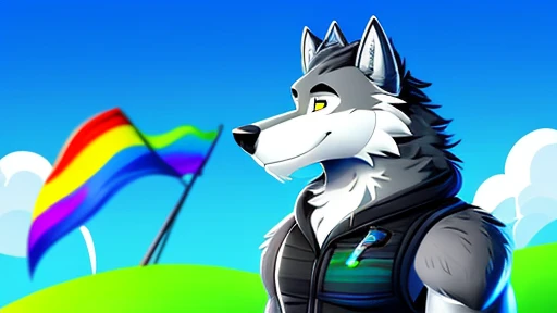 ((Danny a anthropomorphic black, grey, and white male wolf with summer clothing  )) , looking at viewer,a little to the side, fur,solo, cartoon, (highly detailed illustration:1.2), best quality, masterpiece, solo, tail, torso, , standing, social media back...