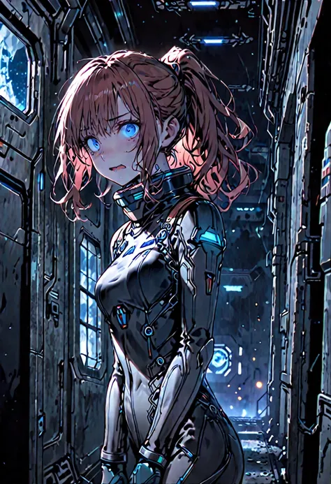 medium shot, solo, female, sfw, abandoned spaceship, space landscape, dark, scary atmosphere, android, long hair, auburn hair, blue eyes, intricate artificial limbs, small breasts, hallway, window, scared, wavy mouth, teary eyes, ponytail, disheveled hair,...