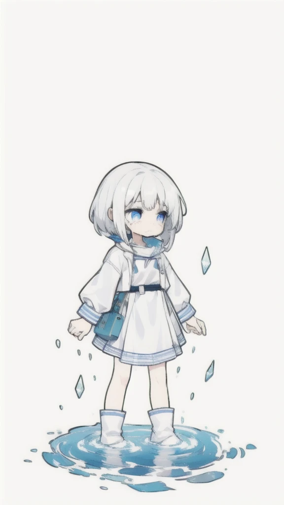 best quality, chibi, 1 girl, (full body), Pure white background,Vivid,clearly,sad face,rain,Cry,Standing in water