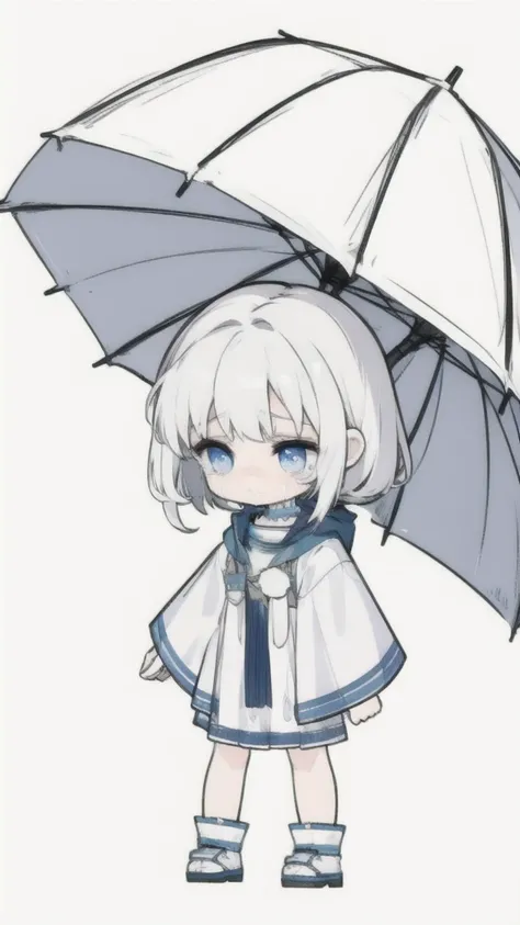 best quality, chibi, 1 girl, (full body), Pure white background,Vivid,clearly,sad face,rain,Cry,Standing in water