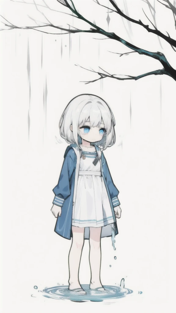 best quality, chibi, 1 girl, (full body), Pure white background,Vivid,clearly,sad face,rain,Cry,Standing in water