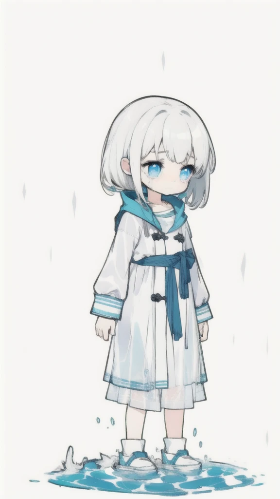 best quality, chibi, 1 girl, (full body), Pure white background,Vivid,clearly,sad face,rain,Cry,Standing in water