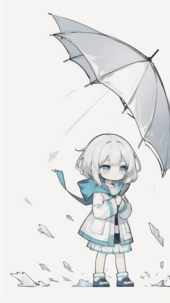 best quality, chibi, 1 girl, (full body), Pure white background,Vivid,clearly,sad face,rain,Blowing in the Wind